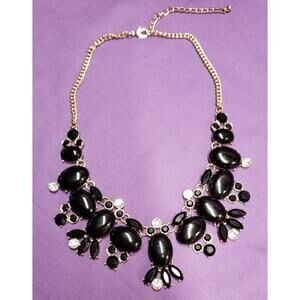 Black And Gold Tone Statement Bib Collar Necklace with glass rhinestone accents